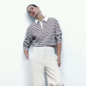 ZARA black and white striped crop long sleeve polo top size S 3905/003